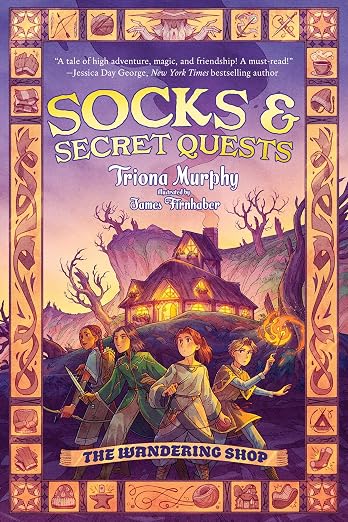 fantasy style cover showing four children - one with knitting needles and yarn (Peri, main character), a girl with a magical wand, a boy with a dagger, and a girl with a bow. Behind them is a lit house on a cliffside with bare spooky looking trees.